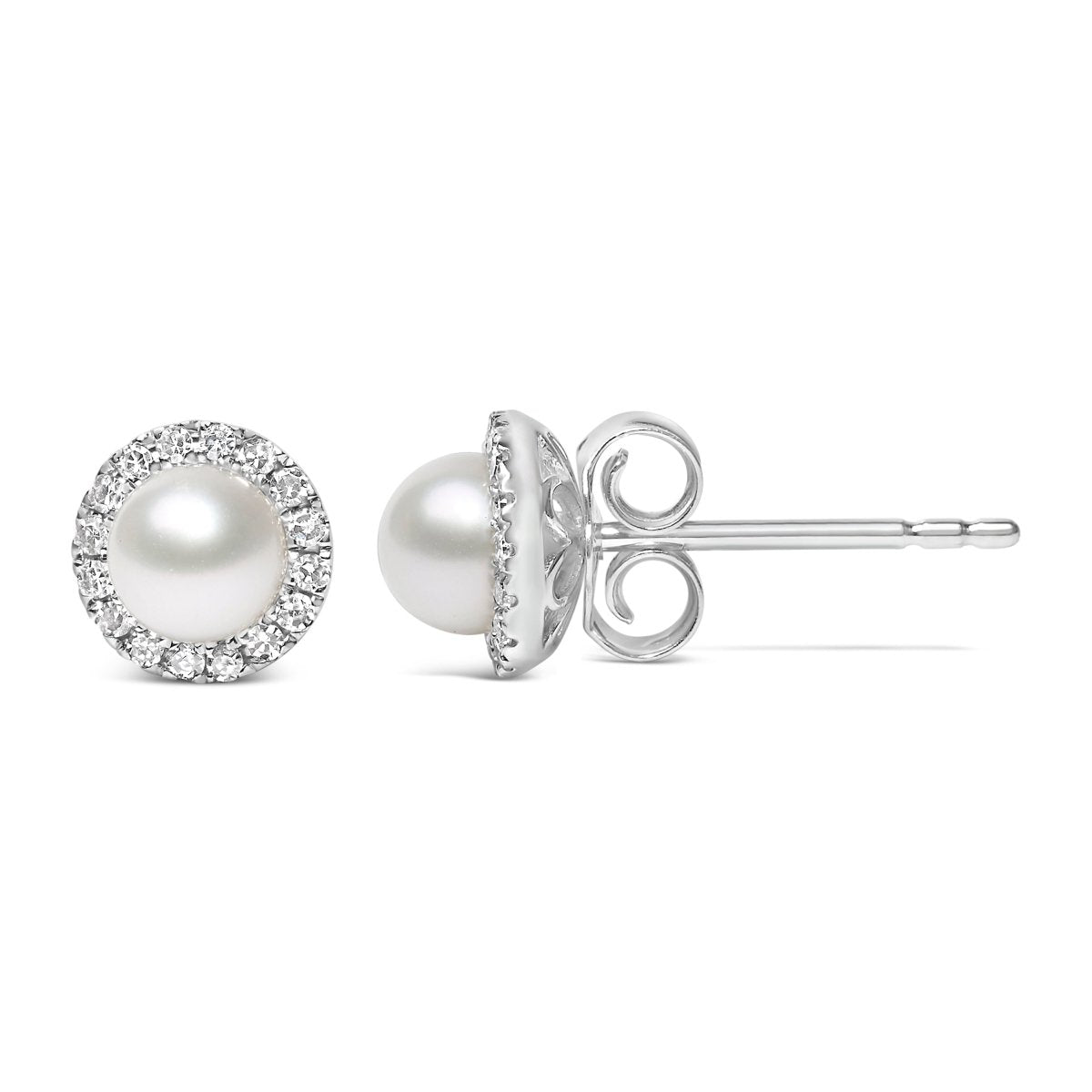 10K White Gold 4.5mm Cultured Freshwater Pearl and 1/7 Cttw Diamond Halo Stud Earring (I-J Color, I1-I2 Clarity) - Earrings - Custom Crafting Alliance, LLC