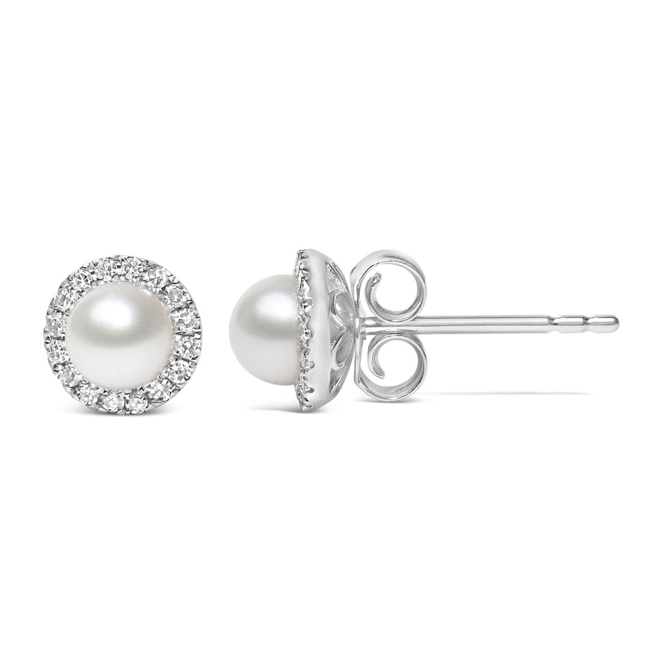 10K White Gold 4.5mm Cultured Freshwater Pearl and 1/7 Cttw Diamond Halo Stud Earring (I-J Color, I1-I2 Clarity) - Earrings - Custom Crafting Alliance, LLC