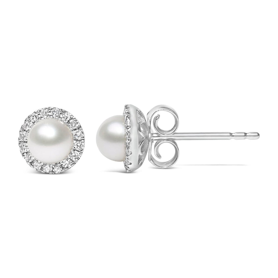 10K White Gold 4.5mm Cultured Freshwater Pearl and 1/7 Cttw Diamond Halo Stud Earring (I-J Color, I1-I2 Clarity) - Earrings - Custom Crafting Alliance, LLC