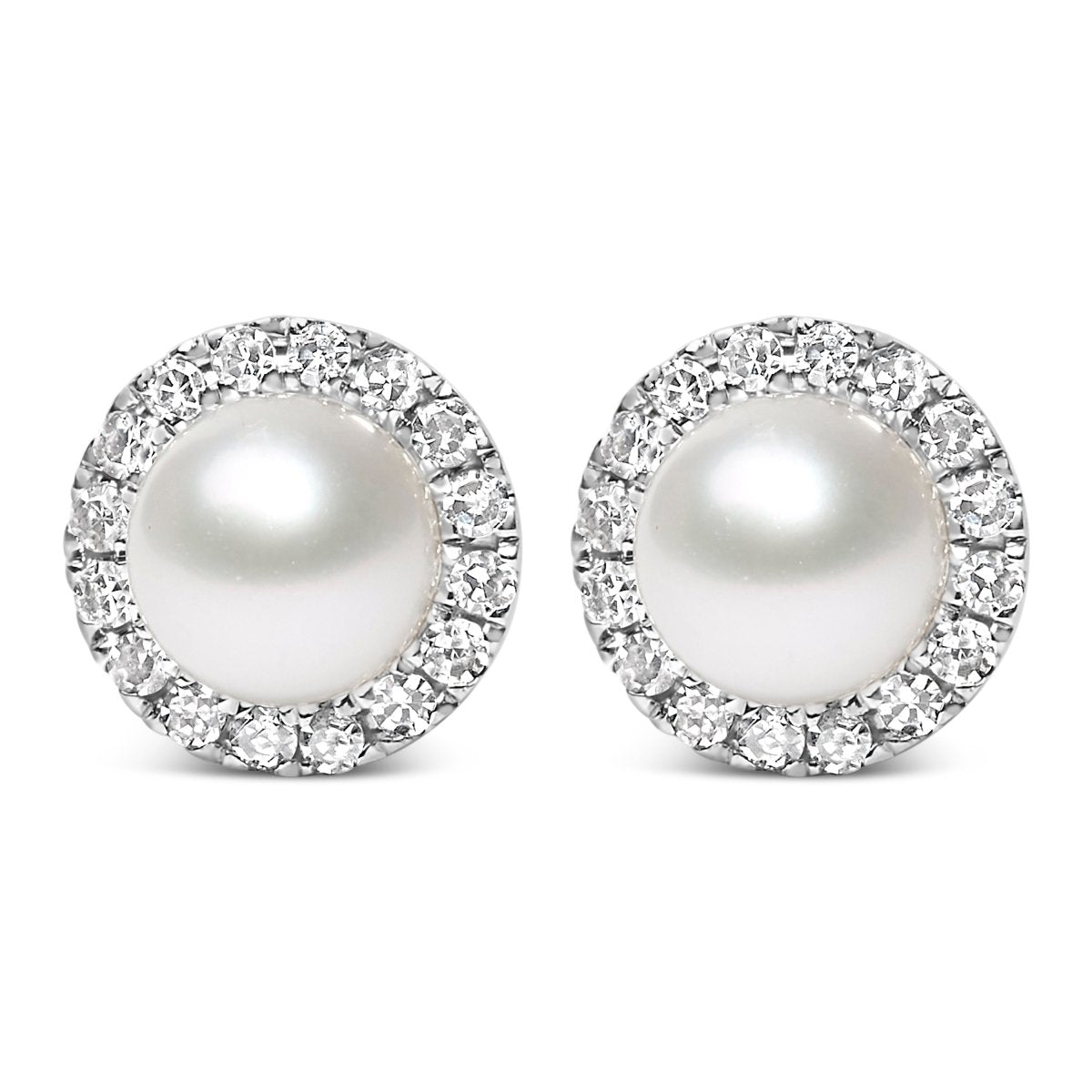 10K White Gold 4.5mm Cultured Freshwater Pearl and 1/7 Cttw Diamond Halo Stud Earring (I-J Color, I1-I2 Clarity) - Earrings - Custom Crafting Alliance, LLC