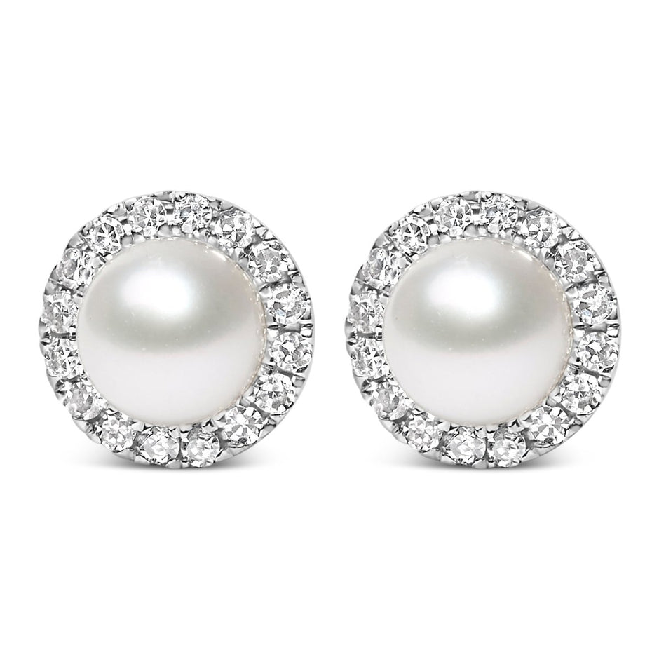 10K White Gold 4.5mm Cultured Freshwater Pearl and 1/7 Cttw Diamond Halo Stud Earring (I-J Color, I1-I2 Clarity) - Earrings - Custom Crafting Alliance, LLC