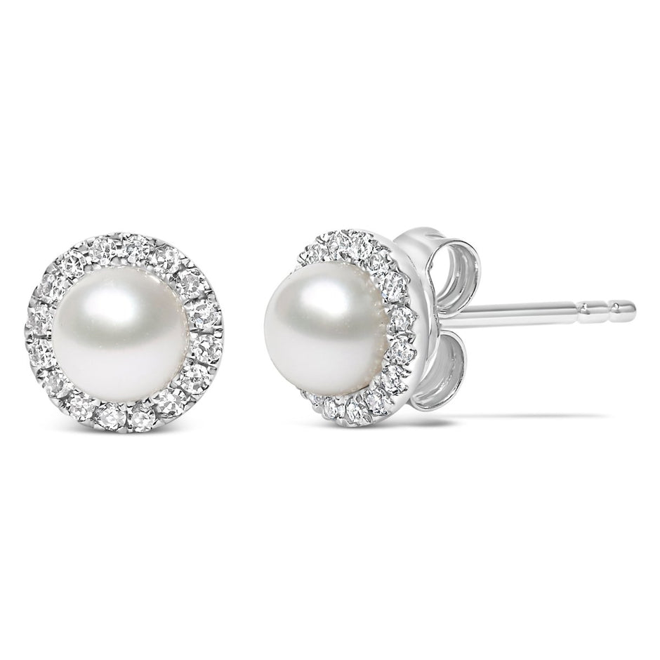 10K White Gold 4.5mm Cultured Freshwater Pearl and 1/7 Cttw Diamond Halo Stud Earring (I-J Color, I1-I2 Clarity) - Earrings - Custom Crafting Alliance, LLC
