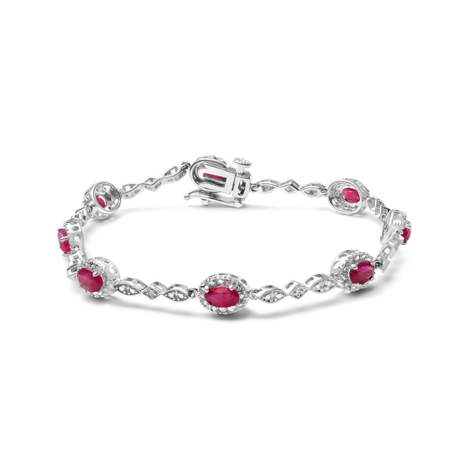 10K White Gold 4.5mm x 3mm Oval Ruby and Diamond Link Bracelet (H-I Color, SI1-SI2 Clarity) - Size 7" - Bracelets - Custom Crafting Alliance, LLC