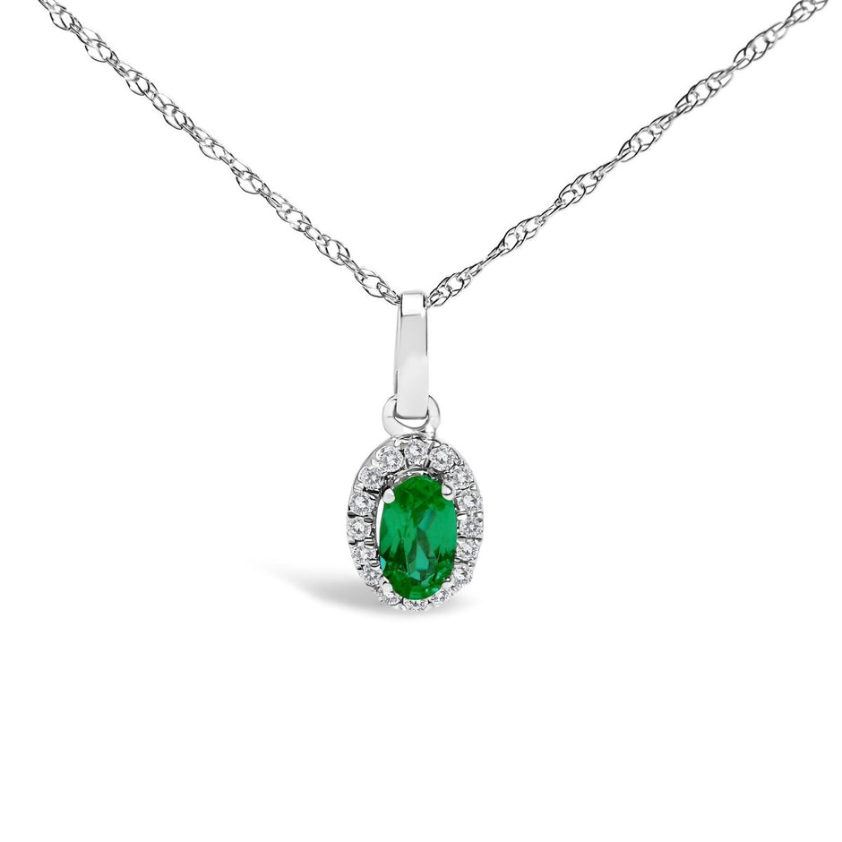 10K White Gold 5x3mm Green Emerald and Diamond Accent Halo Oval Shape 18" Pendant Necklace (I-J Color, I1-I2 Clarity) - Necklaces - Custom Crafting Alliance, LLC