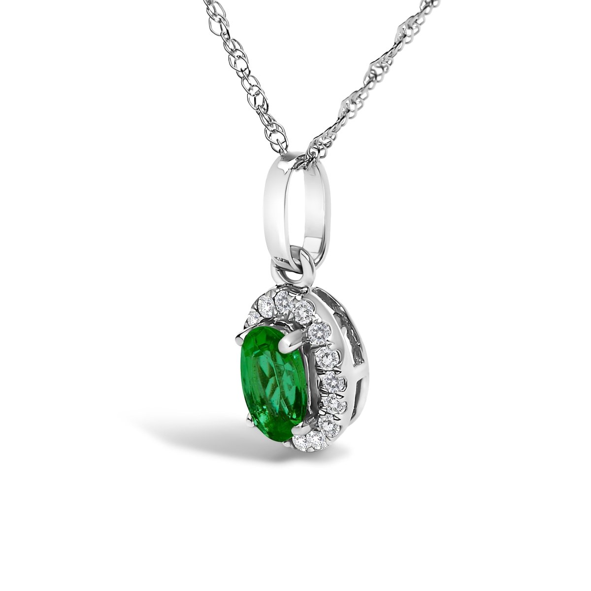 10K White Gold 5x3mm Green Emerald and Diamond Accent Halo Oval Shape 18