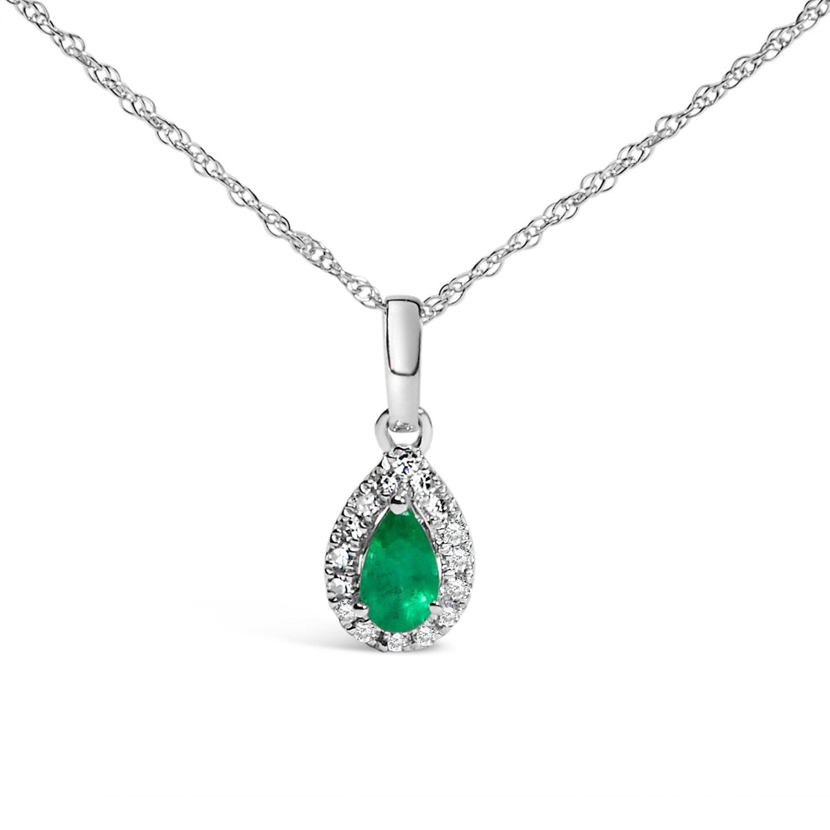 10K White Gold 5x3mm Green Emerald and Diamond Accent Halo Pear Shape 18