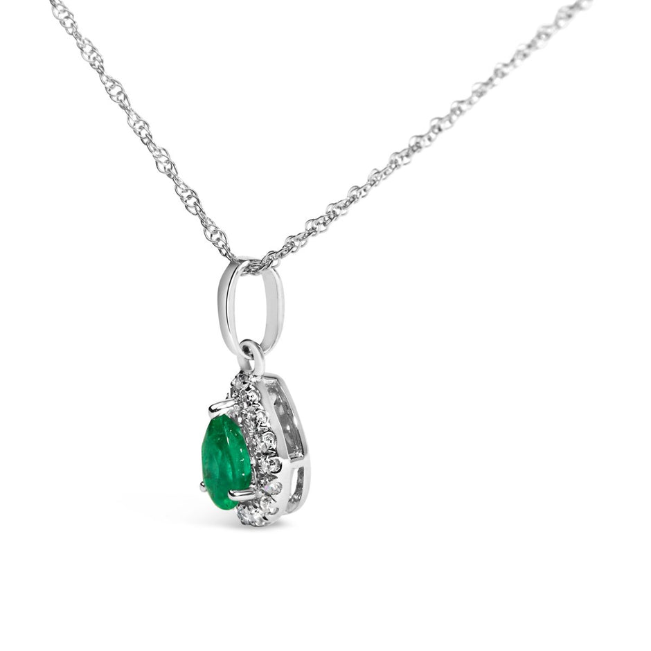 10K White Gold 5x3mm Green Emerald and Diamond Accent Halo Pear Shape 18