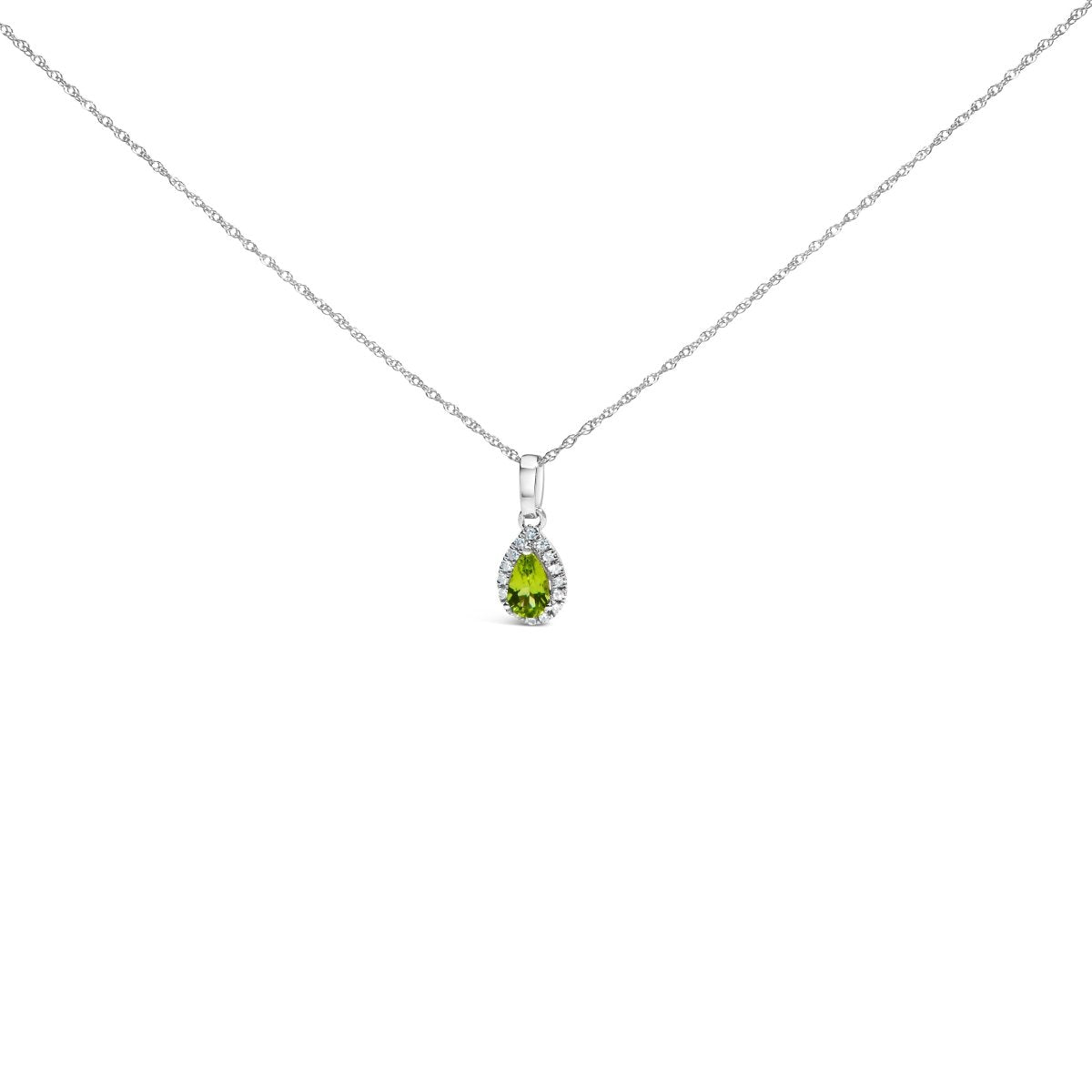 10K White Gold 5x3mm Green Emerald and Diamond Accent Halo Pear Shape 18