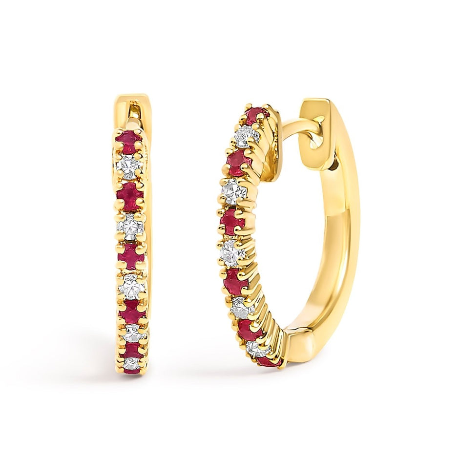 10K White Gold Alternating Diamond and Red Ruby Huggy Hoop Earrings (I-J Color, I1-I2 Clarity) - Earrings - Custom Crafting Alliance, LLC