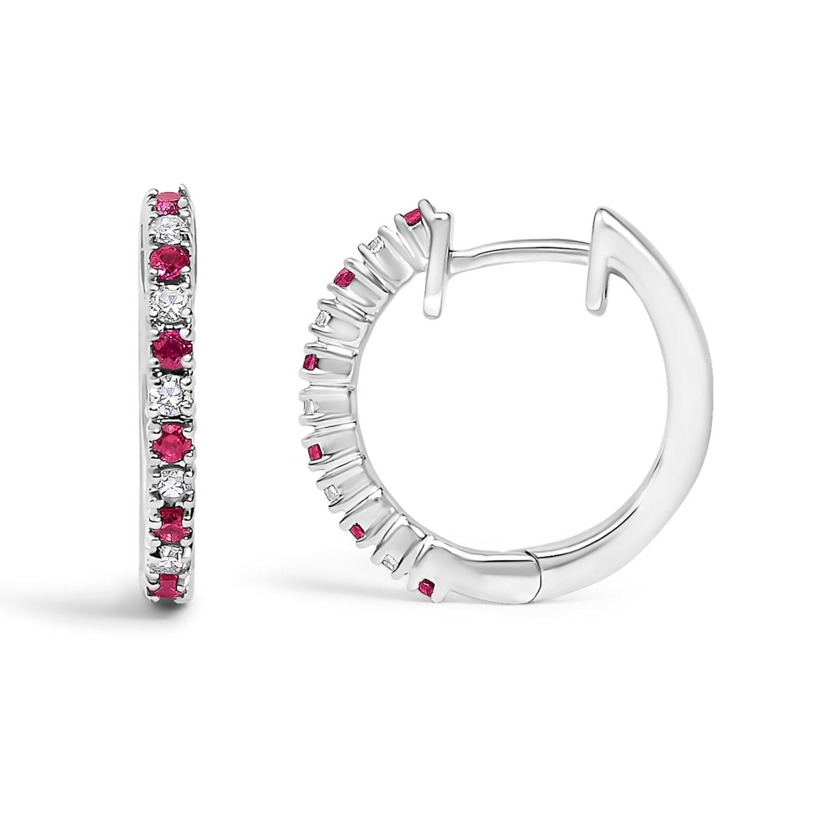 10K White Gold Alternating Diamond and Red Ruby Huggy Hoop Earrings (I-J Color, I1-I2 Clarity) - Earrings - Custom Crafting Alliance, LLC