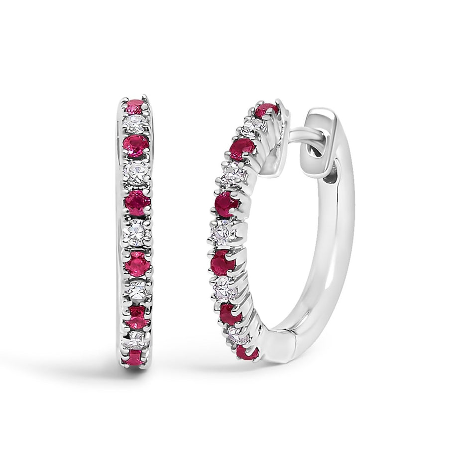 10K White Gold Alternating Diamond and Red Ruby Huggy Hoop Earrings (I-J Color, I1-I2 Clarity) - Earrings - Custom Crafting Alliance, LLC