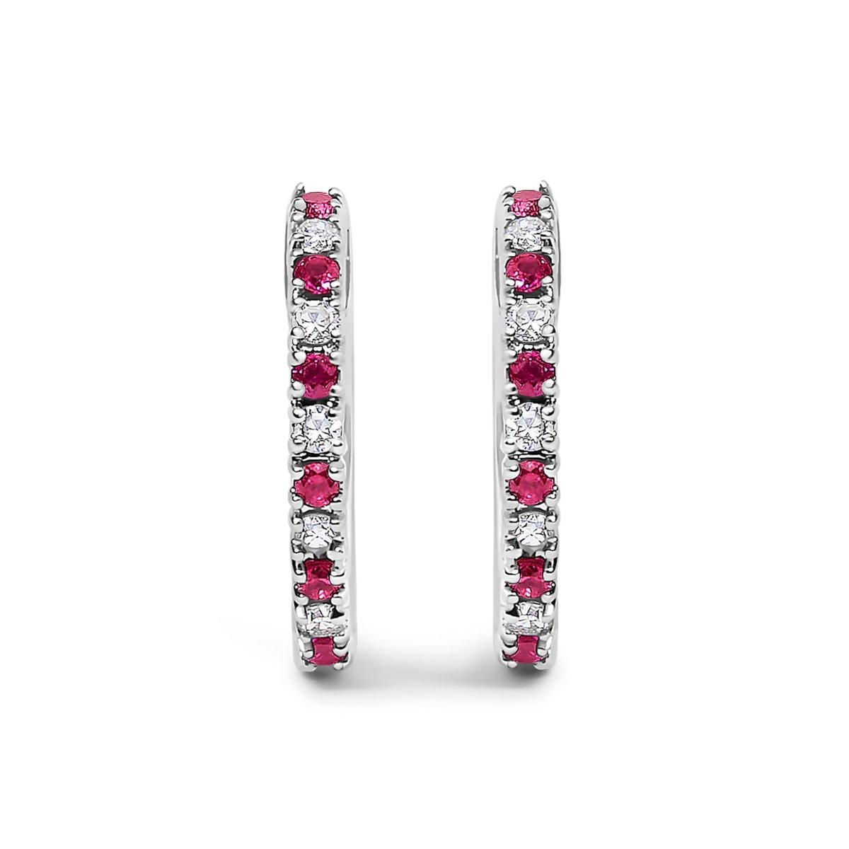 10K White Gold Alternating Diamond and Red Ruby Huggy Hoop Earrings (I-J Color, I1-I2 Clarity) - Earrings - Custom Crafting Alliance, LLC