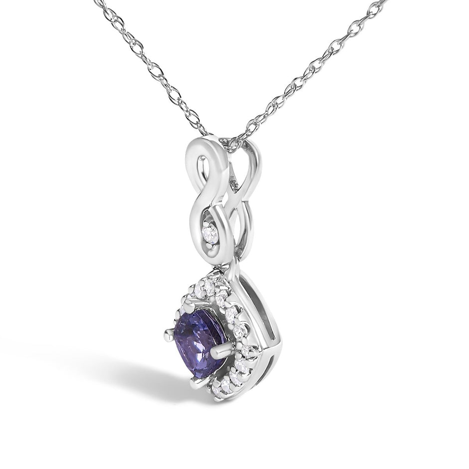 10K White Gold Blue Purple Tanzanite and Diamond Accent Cushion Drop Pendant Necklace - 18