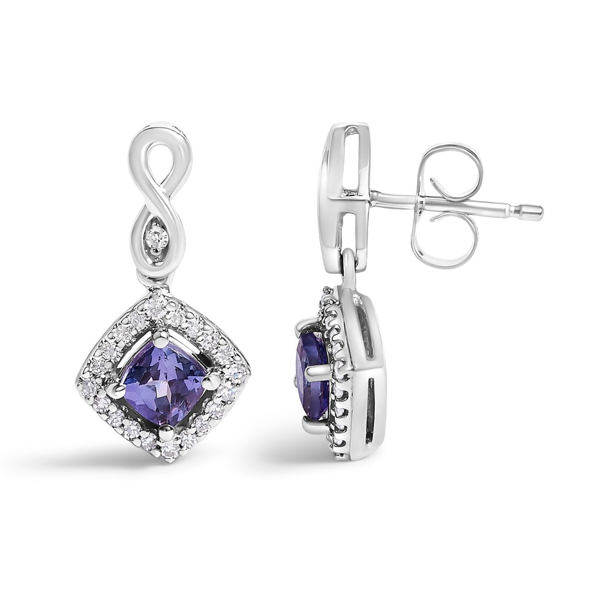 10K White Gold Blue Purple Tanzanite and Diamond Halo Cushion Shaped Drop Earrings (I-J Color, I1-I2 Clarity) - Earrings - Custom Crafting Alliance, LLC