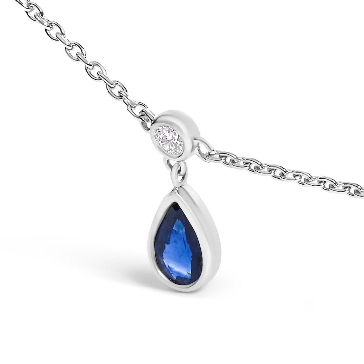 10K White Gold Dangling 5x3 mm Pear Blue Sapphire and Diamond Station Necklace - 18