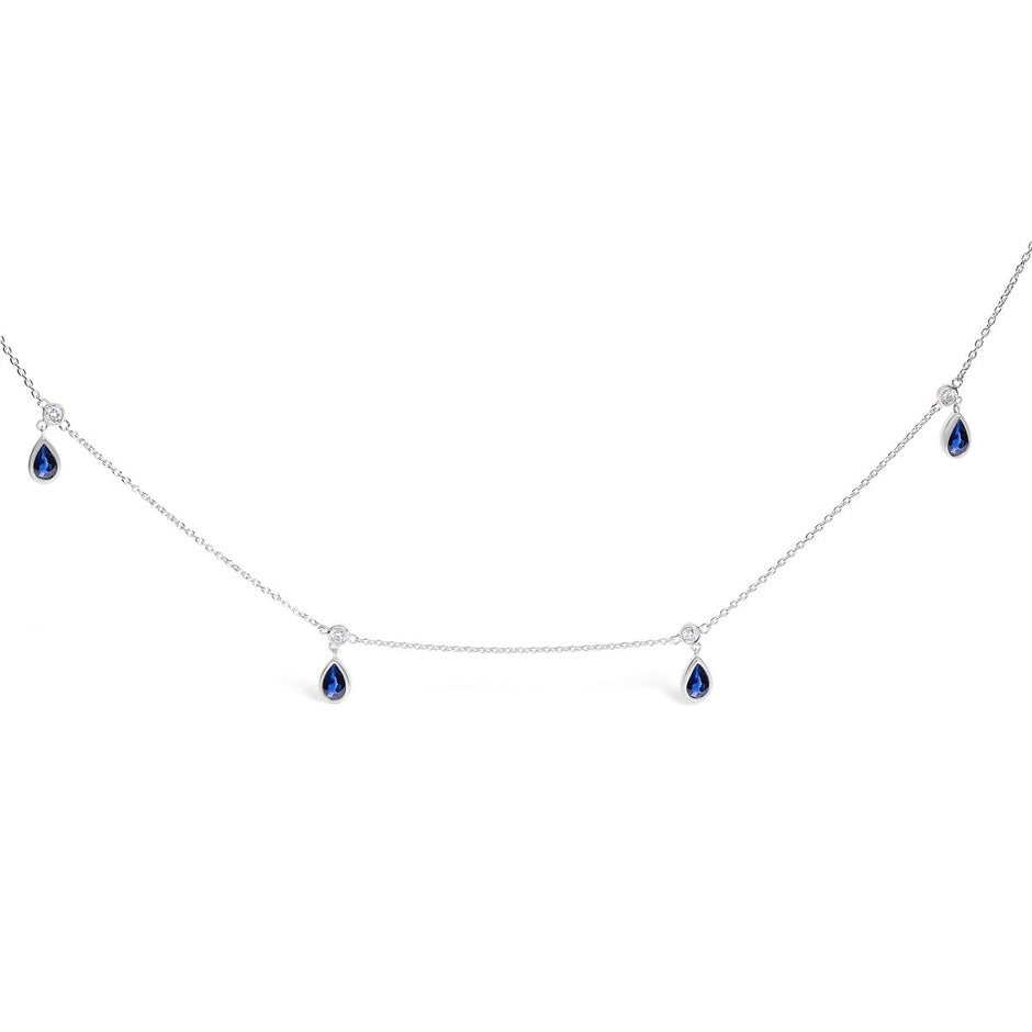 10K White Gold Dangling 5x3 mm Pear Blue Sapphire and Diamond Station Necklace - 18" Inches - Necklaces - Custom Crafting Alliance, LLC