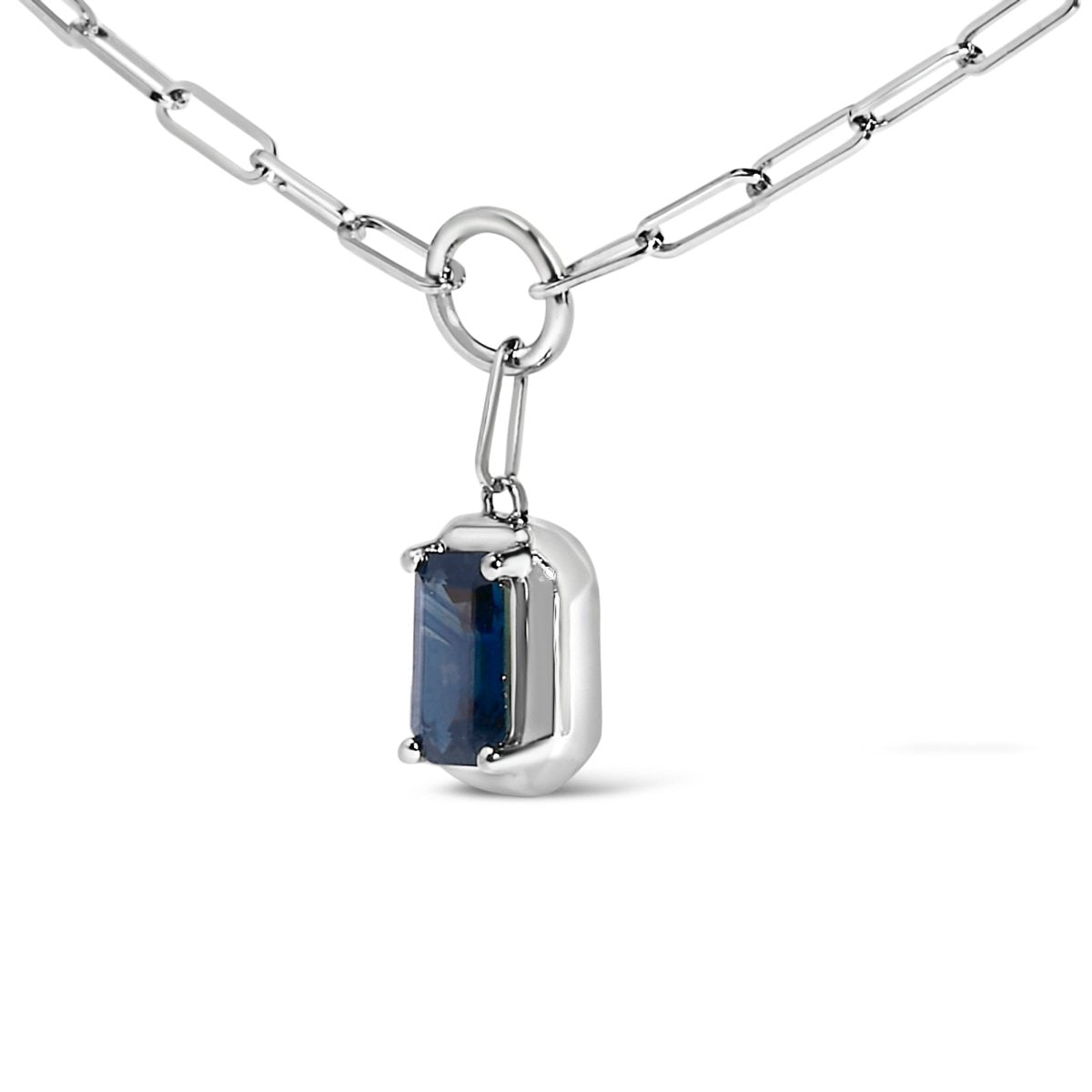 10K White Gold Emerald Cut 6x4 MM Blue Sapphire Solitaire Pendant Necklace - 18 inch - Necklaces - Custom Crafting Alliance, LLC