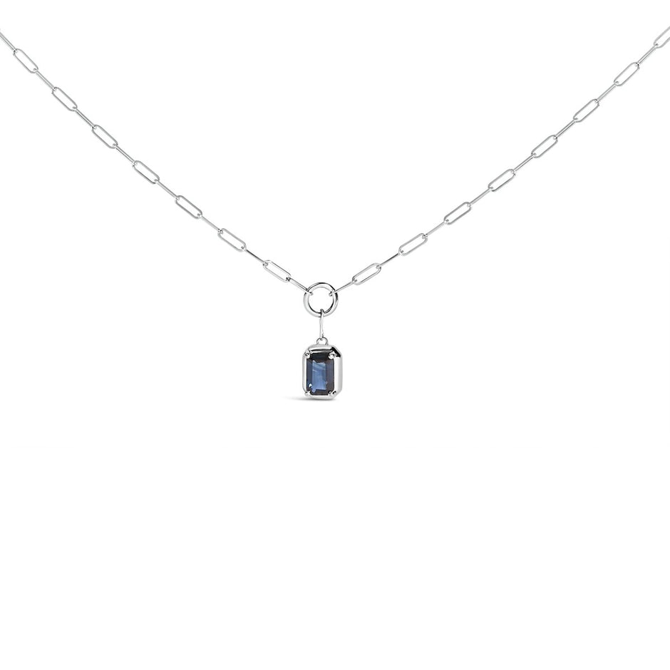 10K White Gold Emerald Cut 6x4 MM Blue Sapphire Solitaire Pendant Necklace - 18 inch - Necklaces - Custom Crafting Alliance, LLC