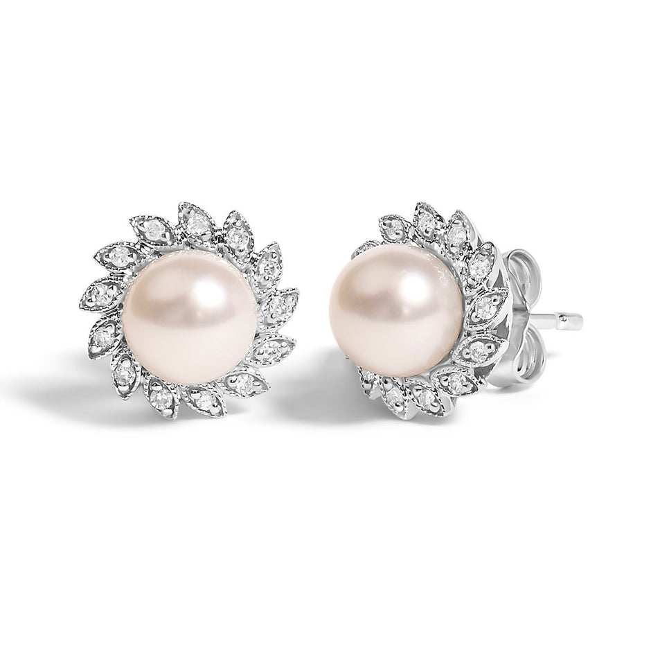 10K White Gold Heirloom-Style Pearl and Diamond Accent Halo Stud Earrings (I-J color, I1-I2 Clarity) - Earrings - Custom Crafting Alliance, LLC