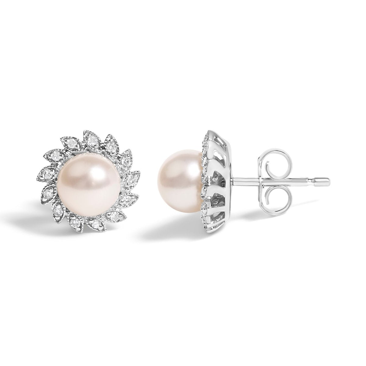 10K White Gold Heirloom-Style Pearl and Diamond Accent Halo Stud Earrings (I-J color, I1-I2 Clarity) - Earrings - Custom Crafting Alliance, LLC