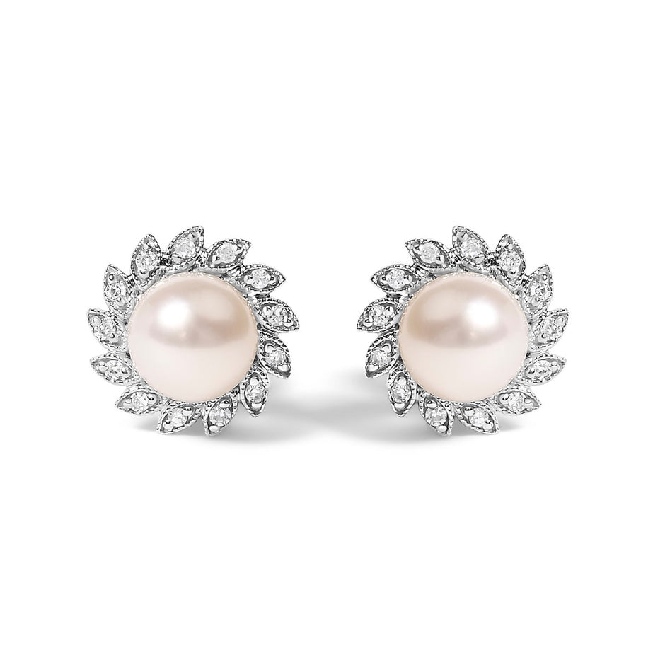 10K White Gold Heirloom-Style Pearl and Diamond Accent Halo Stud Earrings (I-J color, I1-I2 Clarity) - Earrings - Custom Crafting Alliance, LLC