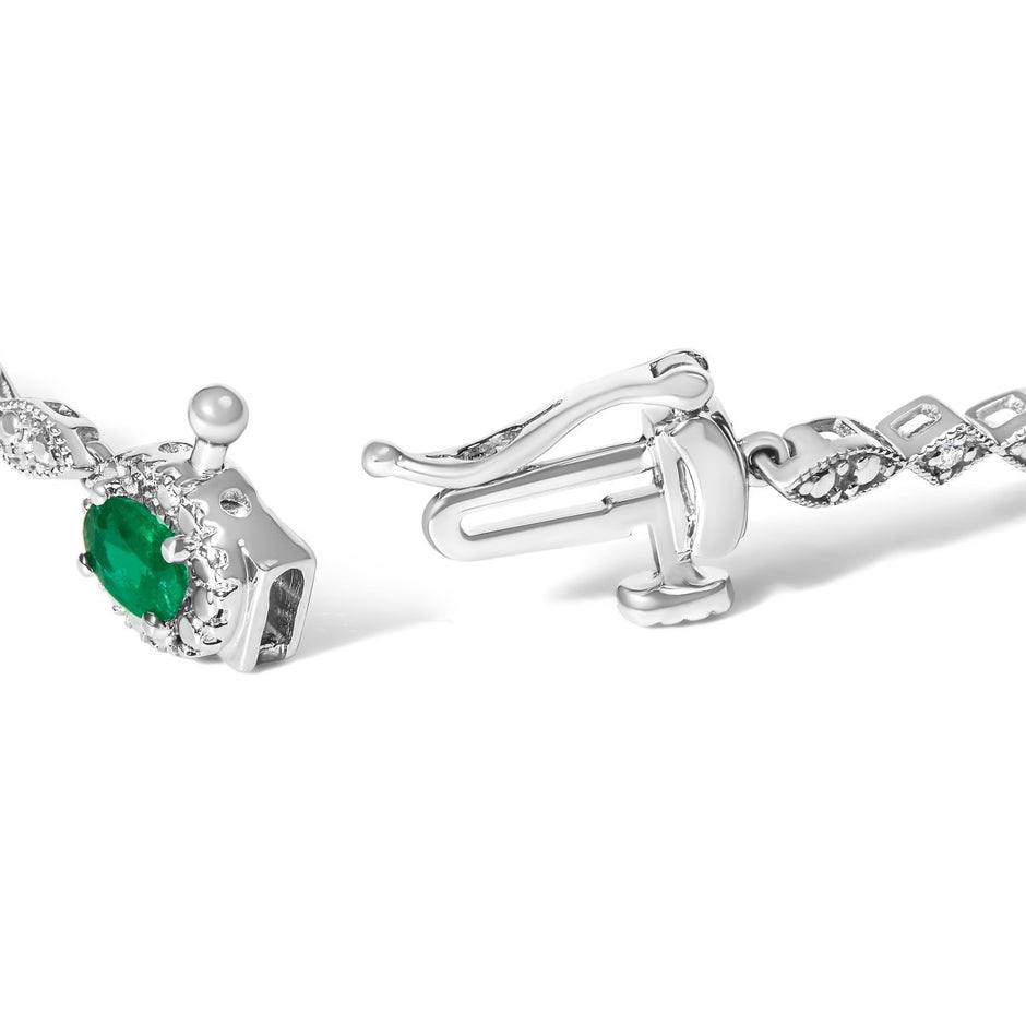 10K White Gold Oval Green Emerald & Diamond Alternating Link Bracelet - Bracelets - Custom Crafting Alliance, LLC