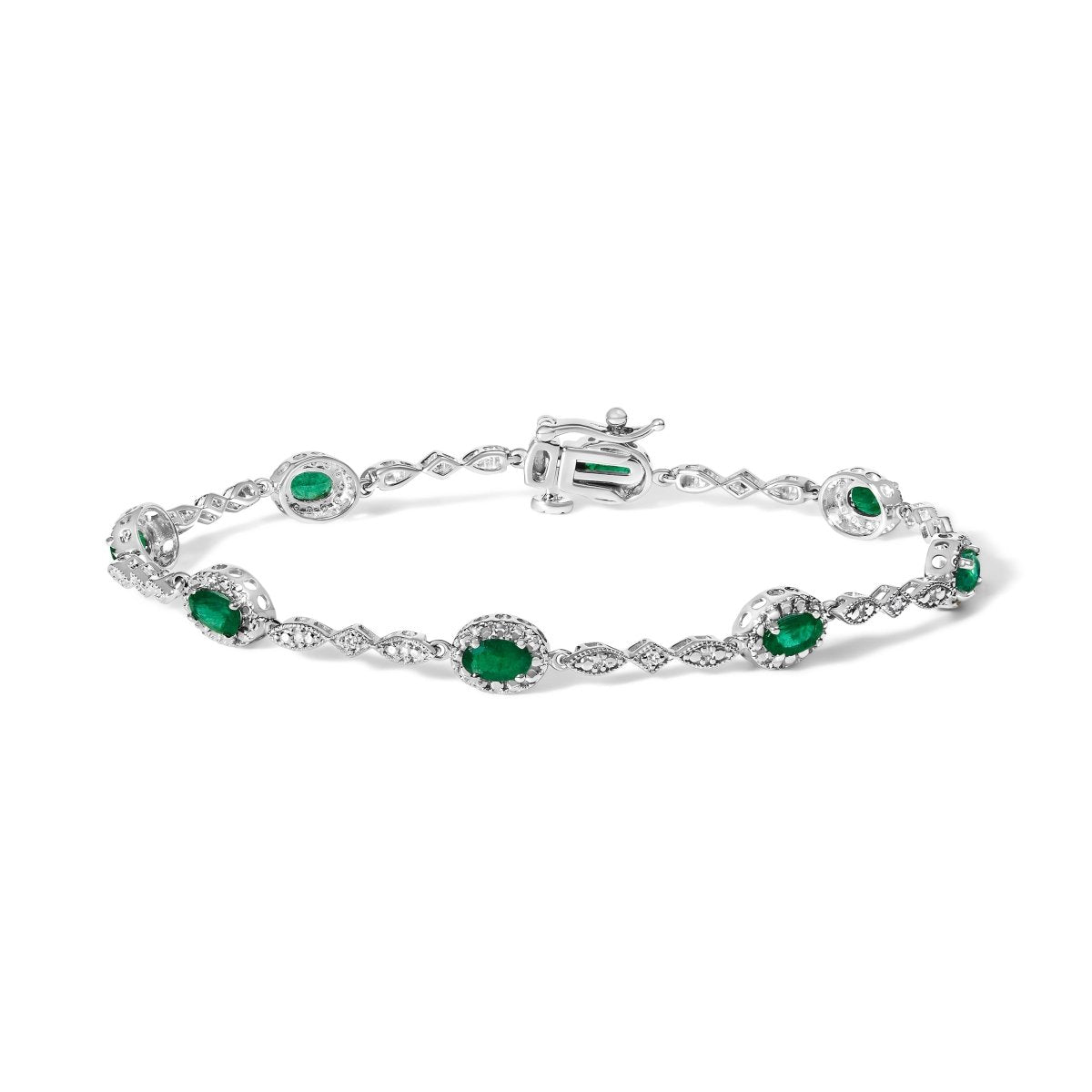 10K White Gold Oval Green Emerald & Diamond Alternating Link Bracelet - Bracelets - Custom Crafting Alliance, LLC