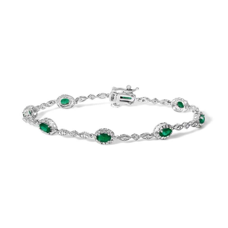 10K White Gold Oval Green Emerald & Diamond Alternating Link Bracelet - Bracelets - Custom Crafting Alliance, LLC