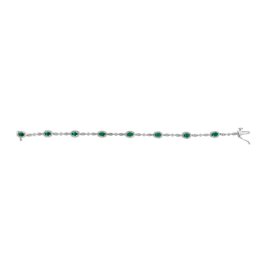 10K White Gold Oval Green Emerald & Diamond Alternating Link Bracelet - Bracelets - Custom Crafting Alliance, LLC
