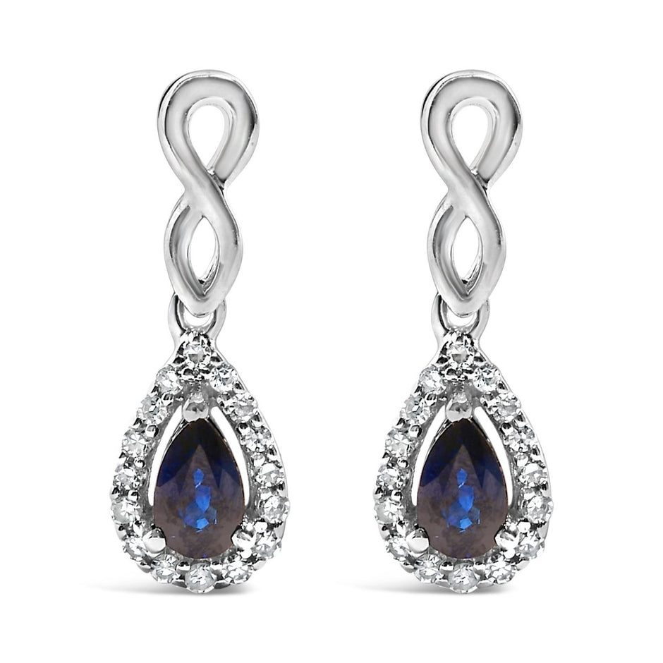 10K White Gold Pear Cut Blue Sapphire and 1/7 Cttw Diamond Infinity Drop and Dangle Earrings (I-J Color, I1-I2 Clarity) - Earrings - Custom Crafting Alliance, LLC
