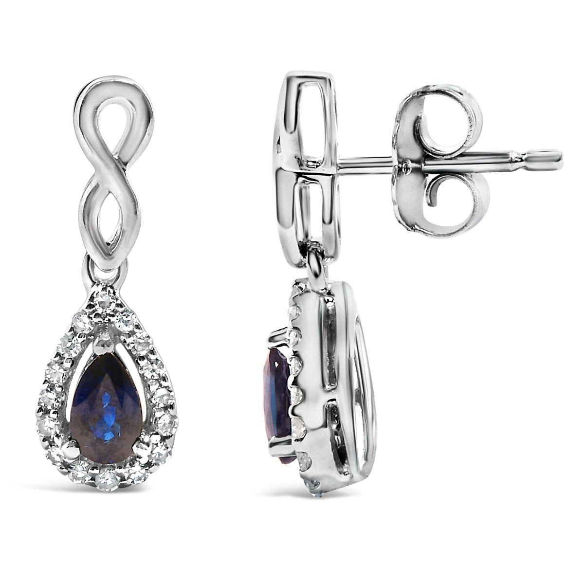 10K White Gold Pear Cut Blue Sapphire and 1/7 Cttw Diamond Infinity Drop and Dangle Earrings (I-J Color, I1-I2 Clarity) - Earrings - Custom Crafting Alliance, LLC