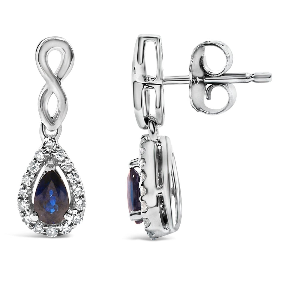 10K White Gold Pear Cut Blue Sapphire and 1/7 Cttw Diamond Infinity Drop and Dangle Earrings (I-J Color, I1-I2 Clarity) - Earrings - Custom Crafting Alliance, LLC
