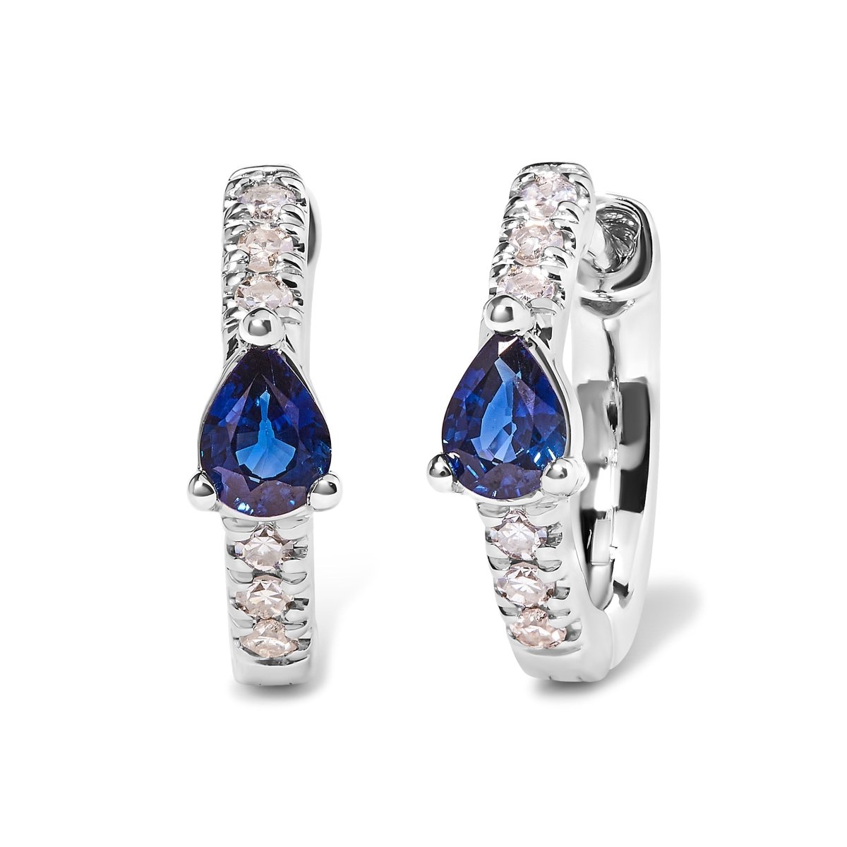 10K White Gold Pear Shaped Blue Sapphire and 1/10 Cttw Diamond Huggy Hoop Earrings (H-I Color, I1-I2 Clarity) - Earrings - Custom Crafting Alliance, LLC