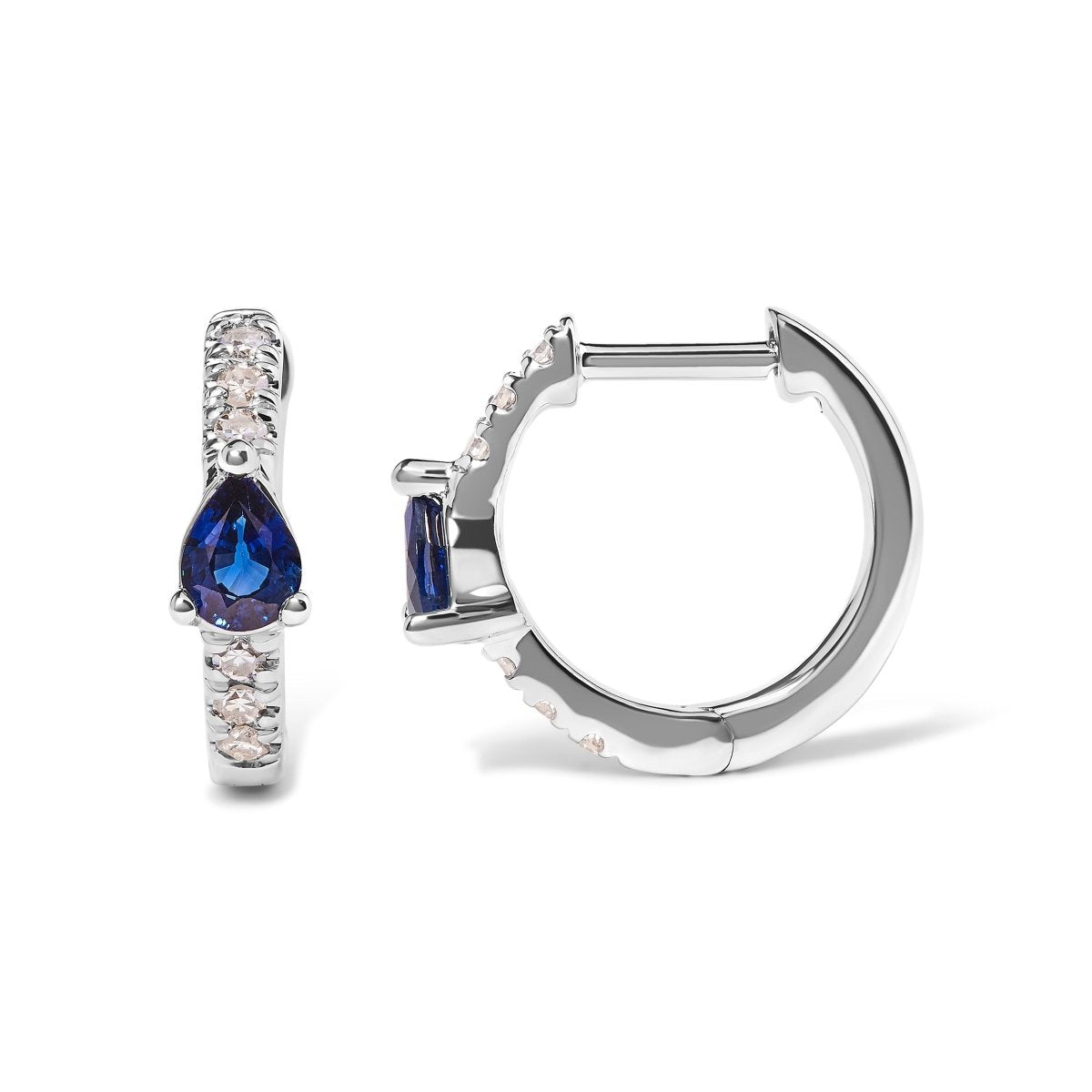10K White Gold Pear Shaped Blue Sapphire and 1/10 Cttw Diamond Huggy Hoop Earrings (H-I Color, I1-I2 Clarity) - Earrings - Custom Crafting Alliance, LLC