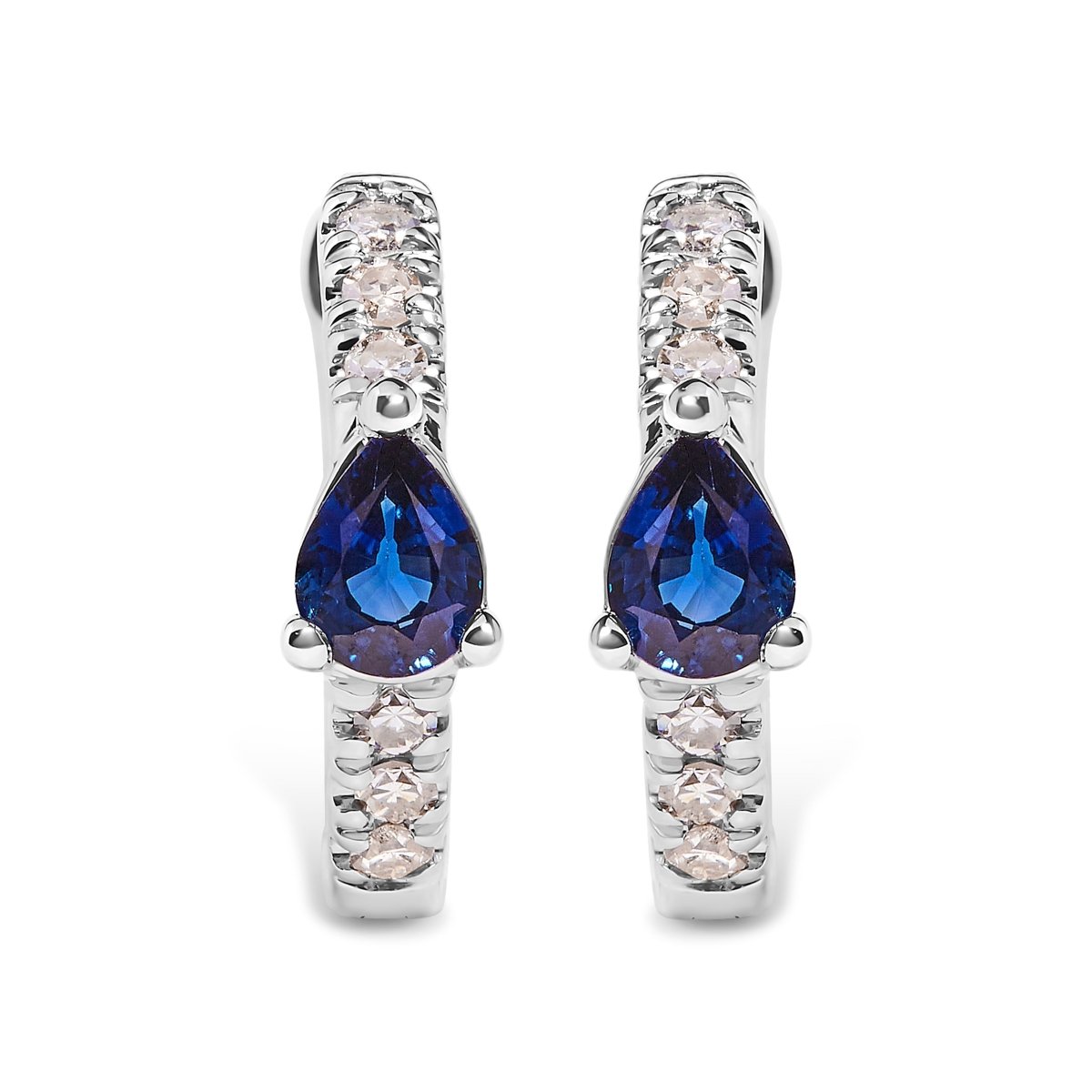 10K White Gold Pear Shaped Blue Sapphire and 1/10 Cttw Diamond Huggy Hoop Earrings (H-I Color, I1-I2 Clarity) - Earrings - Custom Crafting Alliance, LLC
