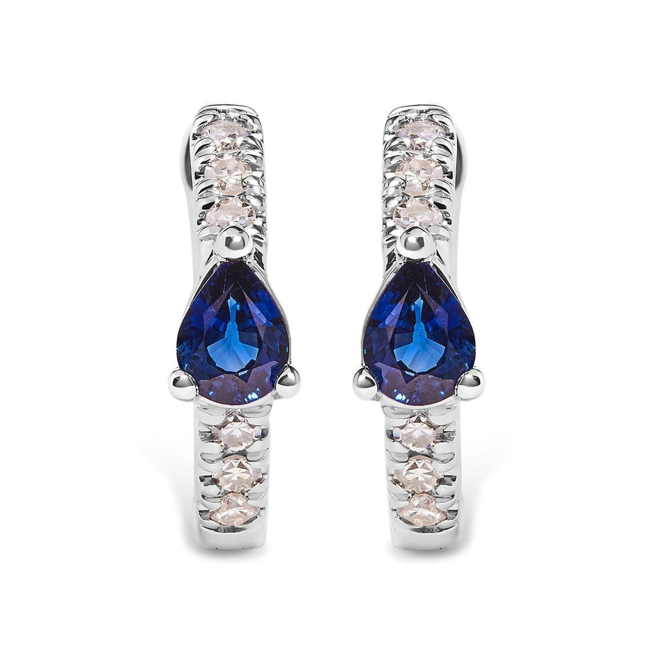 10K White Gold Pear Shaped Blue Sapphire and 1/10 Cttw Diamond Huggy Hoop Earrings (H-I Color, I1-I2 Clarity) - Earrings - Custom Crafting Alliance, LLC