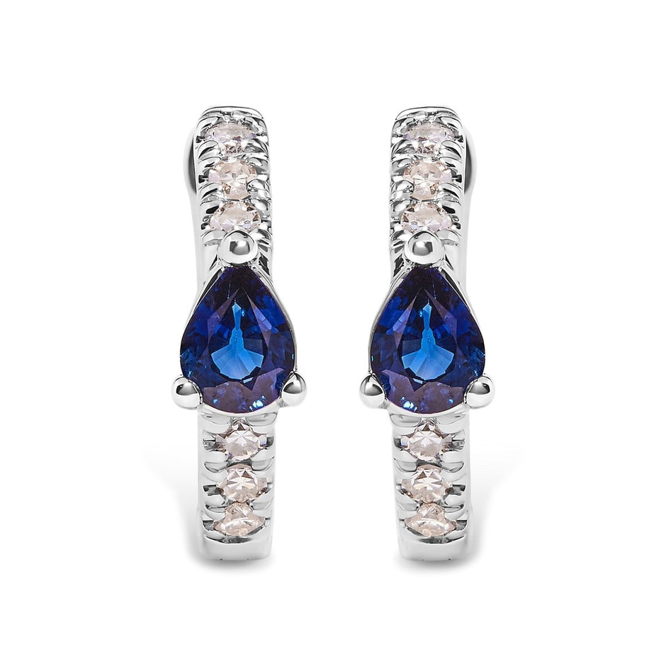 10K White Gold Pear Shaped Blue Sapphire and 1/10 Cttw Diamond Huggy Hoop Earrings (H-I Color, I1-I2 Clarity) - Earrings - Custom Crafting Alliance, LLC