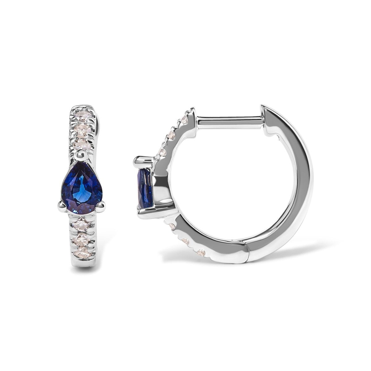 10K White Gold Pear Shaped Blue Sapphire and 1/10 Cttw Diamond Huggy Hoop Earrings (H-I Color, I1-I2 Clarity) - Earrings - Custom Crafting Alliance, LLC