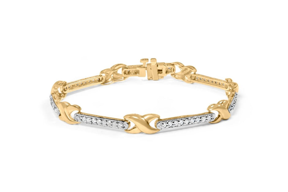10K Yellow Gold 1.00 Cttw Pave Set Diamond Bar and X-Link 7" Bracelet (I-J Color, I3 Quality) - Bracelets - Custom Crafting Alliance, LLC