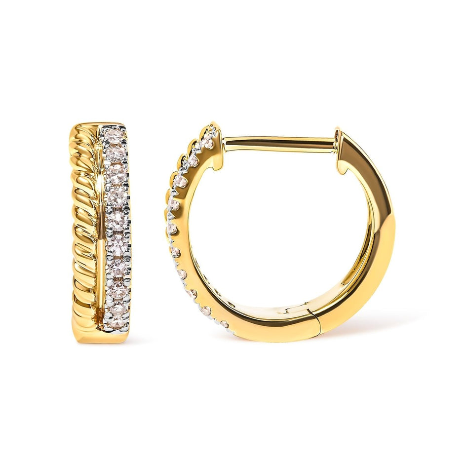 10K Yellow Gold 1/10 Cttw Diamond and Rope Twist Huggy Hoop Earrings (H-I Color, I1-I2 Clarity) - Earrings - Custom Crafting Alliance, LLC