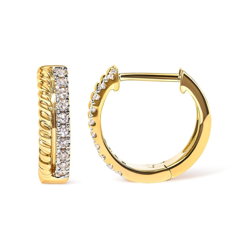 10K Yellow Gold 1/10 Cttw Diamond and Rope Twist Huggy Hoop Earrings (H-I Color, I1-I2 Clarity) - Earrings - Custom Crafting Alliance, LLC