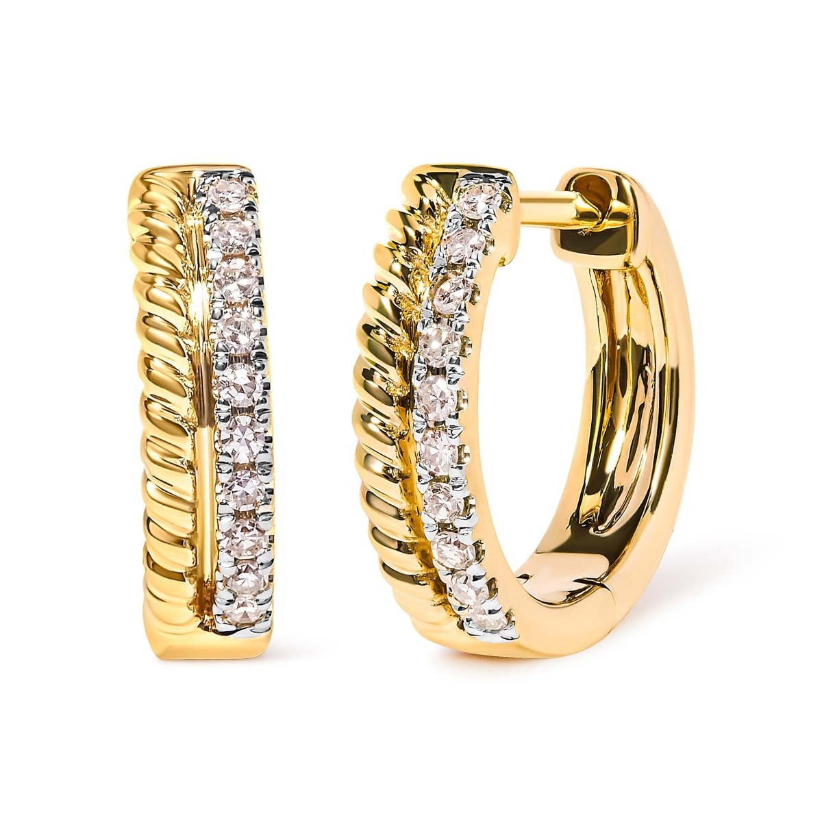 10K Yellow Gold 1/10 Cttw Diamond and Rope Twist Huggy Hoop Earrings (H-I Color, I1-I2 Clarity) - Earrings - Custom Crafting Alliance, LLC