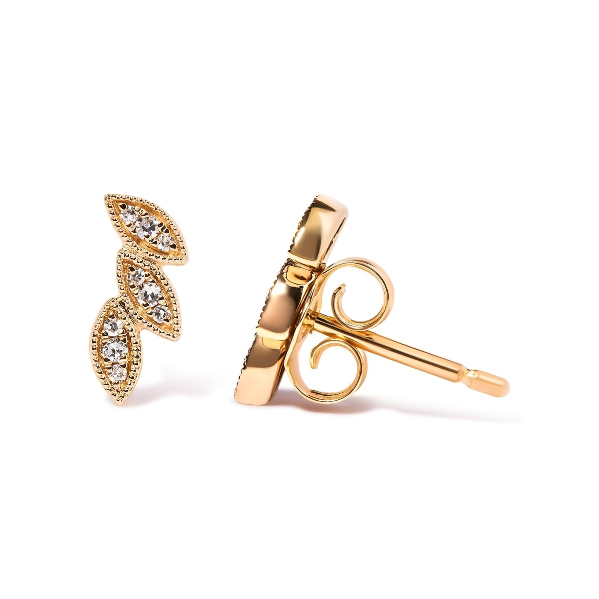 10K Yellow Gold 1/10 Cttw Diamond Triple Leaf Stud Earring (H-I Color, I1-I2 Clarity) - Earrings - Custom Crafting Alliance, LLC