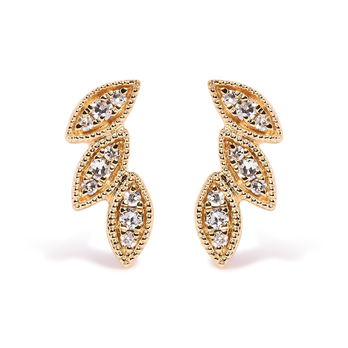 10K Yellow Gold 1/10 Cttw Diamond Triple Leaf Stud Earring (H-I Color, I1-I2 Clarity) - Earrings - Custom Crafting Alliance, LLC