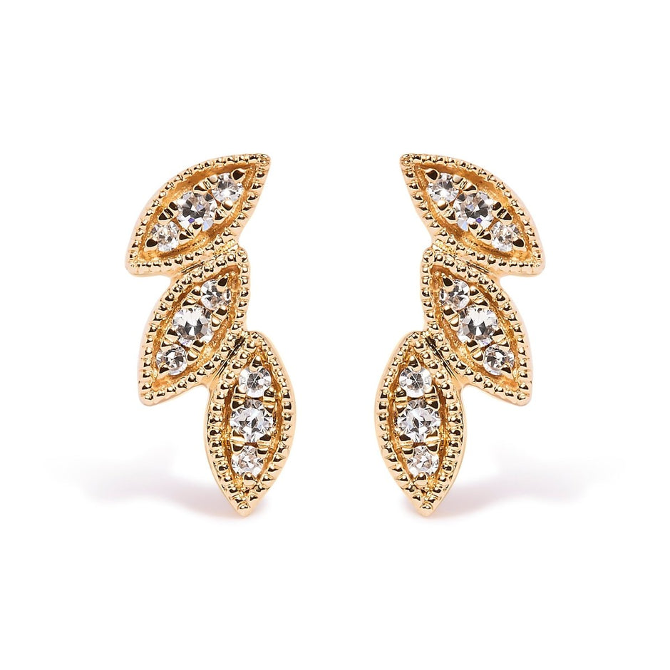 10K Yellow Gold 1/10 Cttw Diamond Triple Leaf Stud Earring (H-I Color, I1-I2 Clarity) - Earrings - Custom Crafting Alliance, LLC