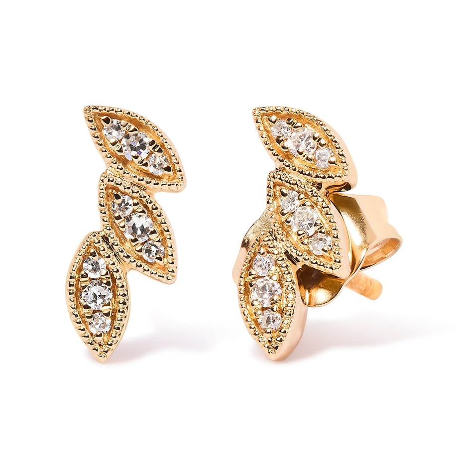 10K Yellow Gold 1/10 Cttw Diamond Triple Leaf Stud Earring (H-I Color, I1-I2 Clarity) - Earrings - Custom Crafting Alliance, LLC