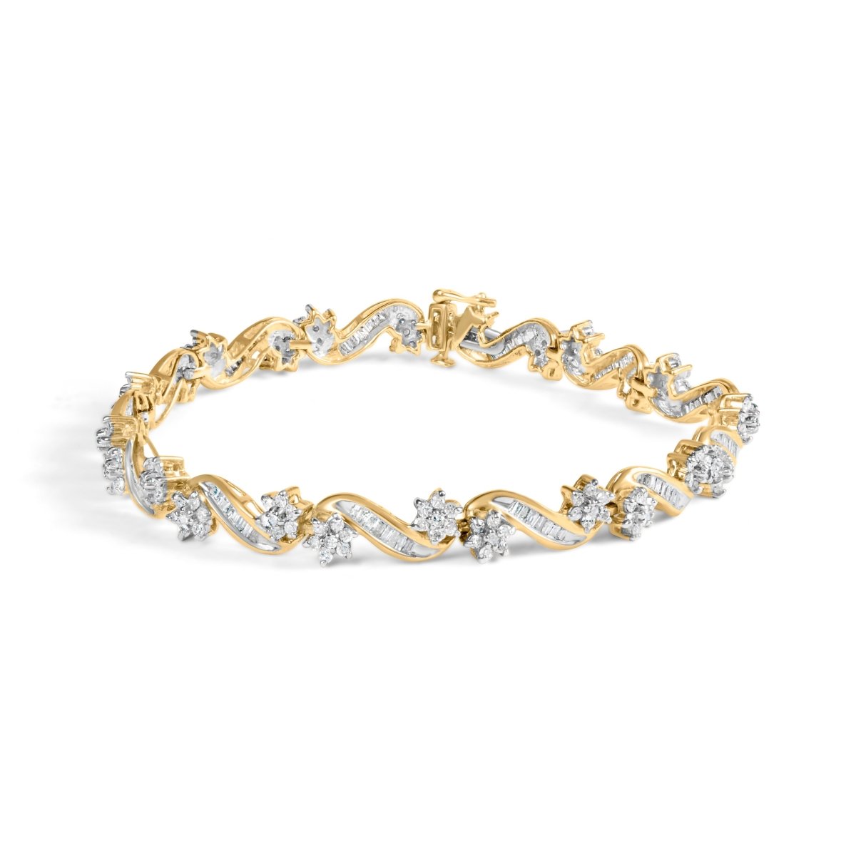 10k Yellow Gold 3.00 Cttw Round-Cut and Baguette-Cut Floral Link 7.25