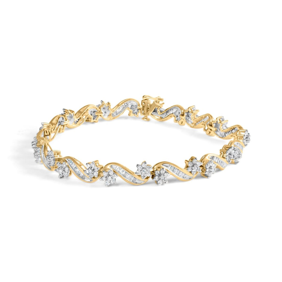 10k Yellow Gold 3.00 Cttw Round-Cut and Baguette-Cut Floral Link 7.25" Bracelet (I-J Color, I1-I2 Clarity) - Bracelets - Custom Crafting Alliance, LLC