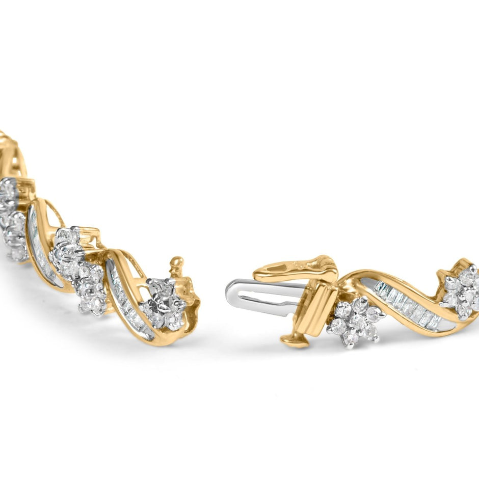 10k Yellow Gold 3.00 Cttw Round-Cut and Baguette-Cut Floral Link 7.25