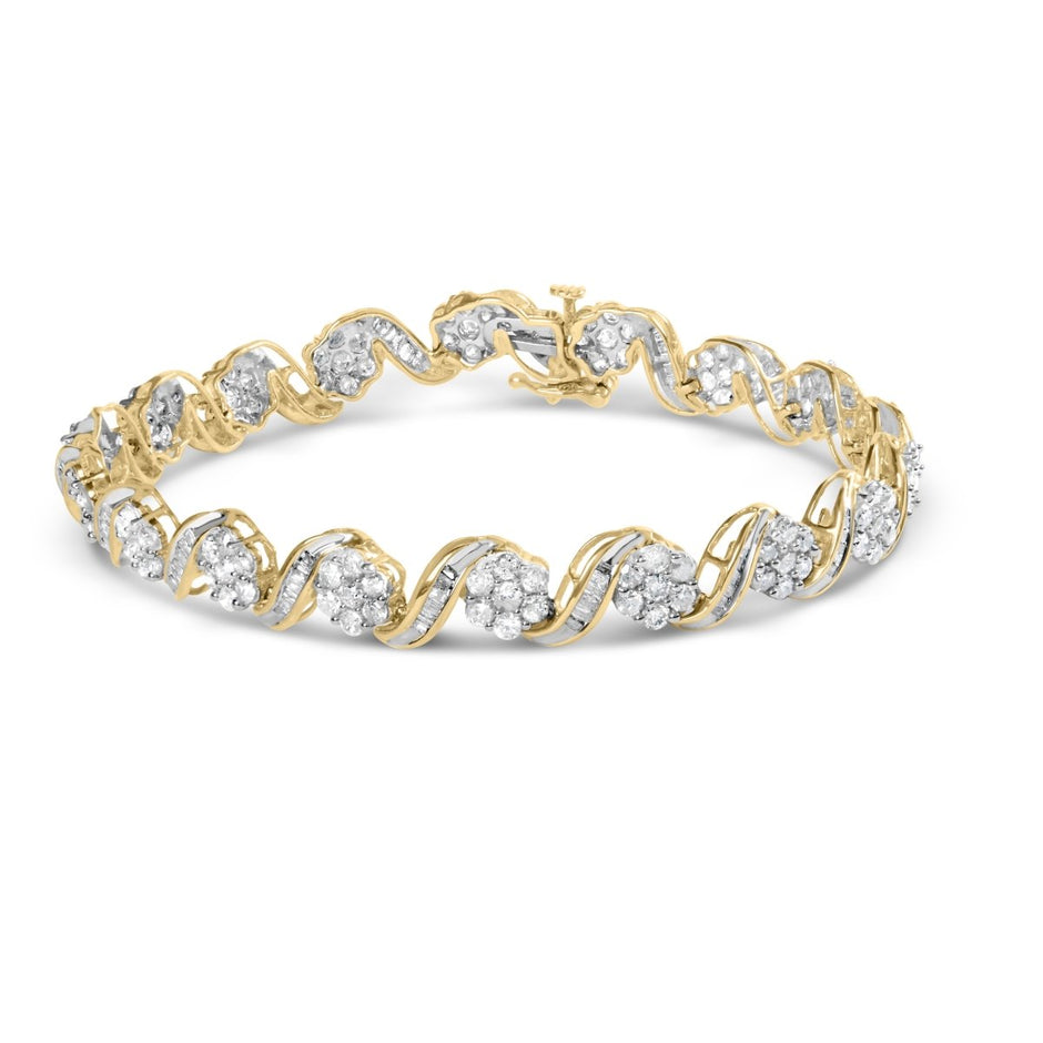 10k Yellow Gold 5.00 Cttw Round-Cut and Baguette-Cut Diamond Floral Link 7.25" Bracelet (I-J Color, I2-I3 Clarity) - Bracelets - Custom Crafting Alliance, LLC
